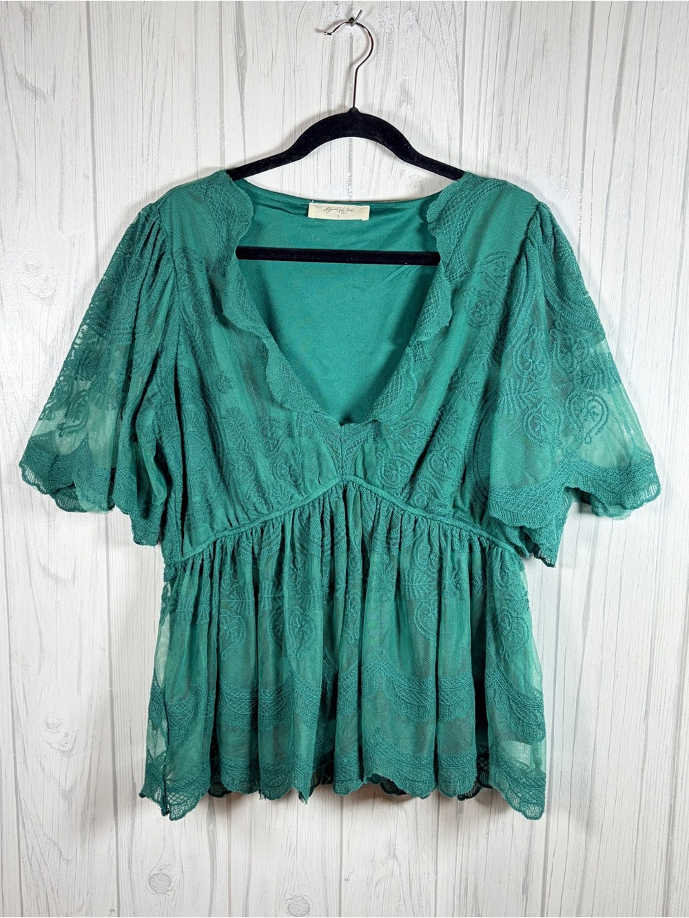 A BEAUTIFUL SOUL Emerald Green Floral Lace V-Neck Babydoll Top, XL